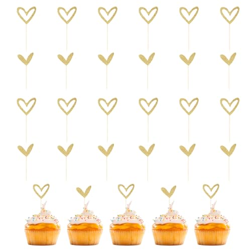 24 Stück Gold Herzen Kuchenaufsatz, Gold Glitter Herz Cupcake Topper Herzen Kuchenaufsatz, Kuchen Herzen Kuchenaufsatz für Hochzeit Verlobung Geburtstag von Jormftte