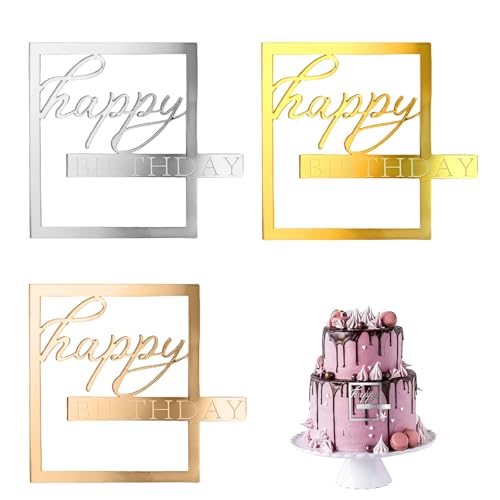 3 Stück Acryl Tortendeko, 9.5cm Acryl Happy Birthday, Geburtstag Acryl, Cake Topper Kuchendeko Holz Mädchen Partydeko Gold Silber Roségold Atmosphäre Wiederverwendbar Kinder Erwachsene von Jormftte