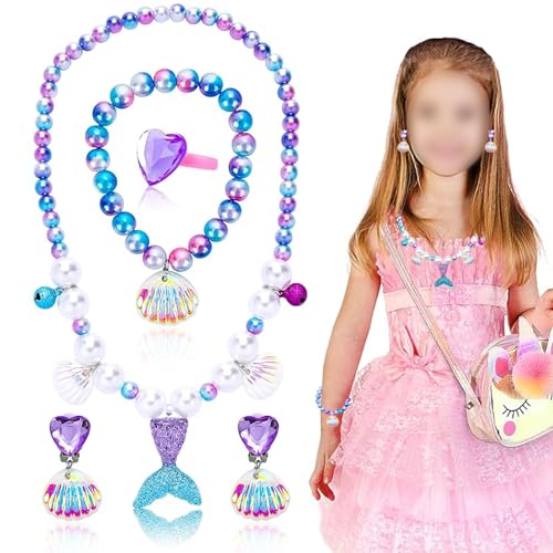 Kinder Schmuck Set, 5 STK Meerjungfrau Schmuck Set FüR MäDchen, Kleine MäDchen Schmucksets, Halskette, Ringe, ArmbäNder, Ohrring, FüR Kinder Spielzeug Geschenke Ab 3 4 5 6 7 8 Jahre MäDchen von Jormftte