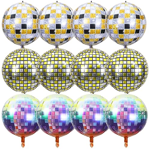 Jortmrd 12 Stück Discokugel Luftballon Disco Party Deko Aluminium Folienballons 22 Zoll 4D Metallic Spiegel Disko Folien Ballons 70er 80er Jahre Retro Party Deko Disco Tanz Fever Mottoparty Geburtstag von Jortmrd