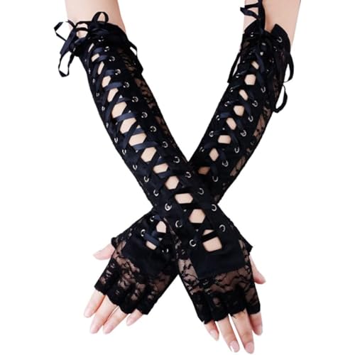 Damen Fingerlose Handschuhe Elbogen Schnürung Steampunk Kostüm Armwärmer Halloween Kostüm Frauen Fingerlose Handschuhe Ellbogen Krawatte Steampunk Kostüm Armer Wärmer von Jorzer