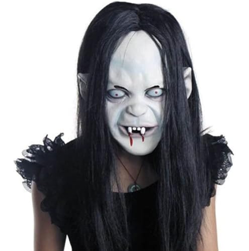 Halloween Horror Grimace Ghost Maske Scary Zombie Emulsion Haut mit Haaren Halloween Horror Ghost Face Maske (schwarzes Haar), 25 * 21 cm von Jorzer