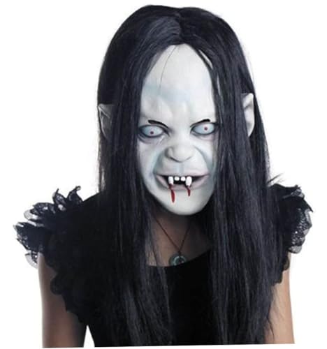 Halloween Mask Horror Grimace Ghost Maske Scary Zombie Emulsion Skin mit Haare Halloween Spielzeuggeistmaske für Kinder Erwachsene (schwarzes Haar), 25 * 21 cm von Jorzer