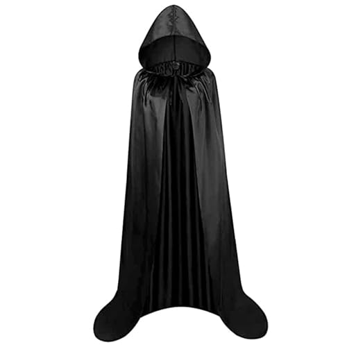 Halloween Umhang Zaubererrobe 149 cm Schwarzer Umhang Mit Bindeband Satin Umhang Mit Kapuze Herren Und Damenumhang Für Cosplay Kostüm Bühne Filmrequisite von Jorzer