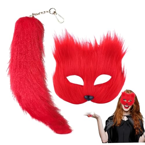 Jorzer 2-teiliges Set Fuchsmaske und Schwanz Kunstfuchshaar Halloween-Maske Flauschige Therian-Halbmaske mit Fuchsschwanz-Schlüsselanhänger für Halloween Cosplay Fuchsmaske Rot von Jorzer