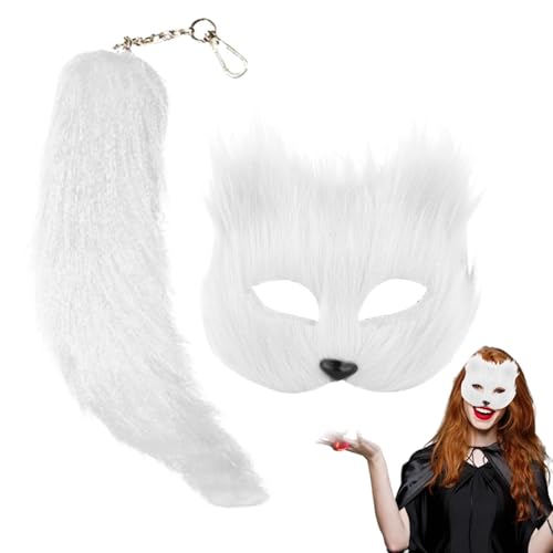 Jorzer 2-teiliges Set Fuchsmaske und Schwanz Kunstfuchshaar Halloween-Maske Flauschige Therian-Halbmaske mit Fuchsschwanz-Schlüsselanhänger für Halloween Cosplay Fuchsmaske weiß von Jorzer