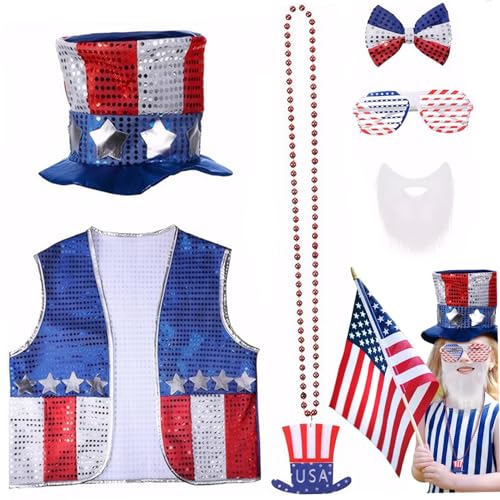 Jorzer 4. Juli Outfits 6PCS/Set Patriotic Independence Day Thema American Flag Outfit 4. Juli Accessoires mit Hut, Weste, Sonnenbrille, Halsketten, Bogen, Bart von Jorzer