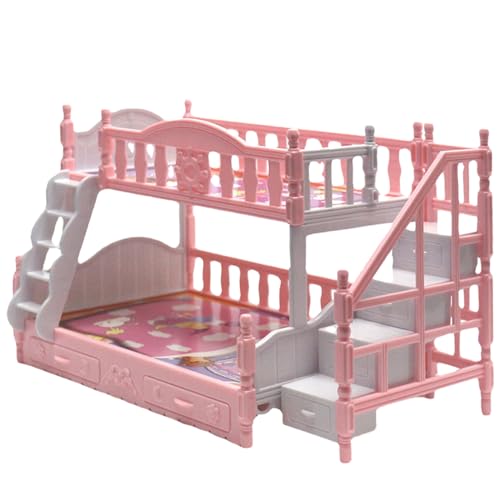 Jorzer Babypuppe Etagenbettpuppen Bett Spielzeug für Mädchen Miniatursimulation Süßes Cartoon Dollhouse Bett mit Treppe Plastikpuppenhauszubehör Möbel Geburtstagsgeschenk von Jorzer