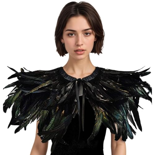 Jorzer Federschal, schwarz-grüner Federumhang mit Bindeband, realistischer Gothic-Kragen, Umhangschals für Party, Kostüm, Cosplay, Halloween Jorzer Federschal, schwarz-grüner Federumhang mit Bindeband, realistischer Gothic-Kragen, Umhangschals für Party, Kostüm, Cosplay, Halloween von Jorzer