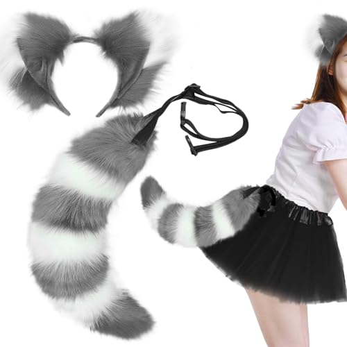 Jorzer Fox Ohren und Schwanzset, pelzige Fuchs Ohren Stirnband, Kunstfell Therian Tail, süßes Wolf Kostüm für Erwachsene Kinder Cosplay Kostüm Accessoires Party Grau von Jorzer