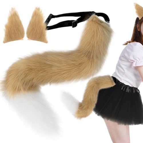 Jorzer Fox Ohren und Schwanzset Therian Tail and Ohrs Haarclip 25.6 '' Lange Flauschige pelzige Sets Therian Gear Fox Kostüme für Cosplay Party Masquerade Halloween Kostüm Kleid braun von Jorzer