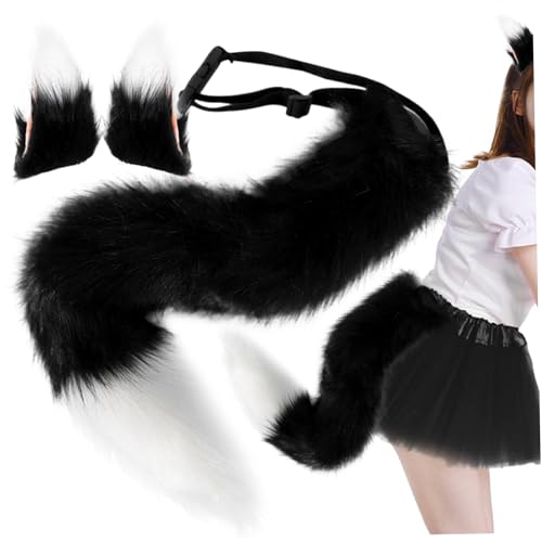 Jorzer Fox Ohren und Schwanzset Therian Tail and Ohrs Haarclip 25.6 '' Lange Flauschige pelzige Sets Therian Gear Fox Kostüme für Cosplay -Party Masquerade Halloween Kostüm Schwarz von Jorzer