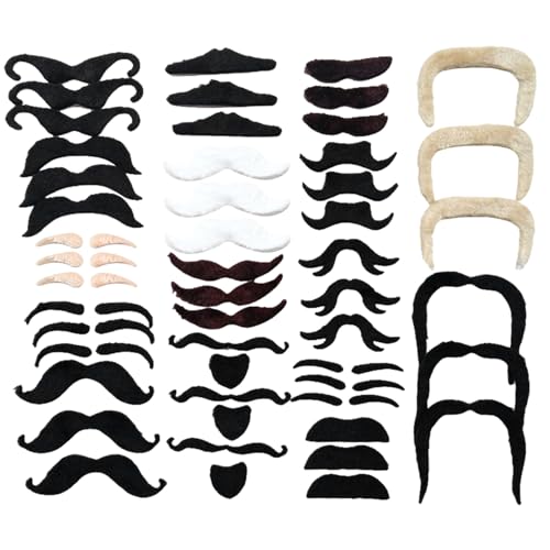 Jorzer Gefälschte Schnurrbärte halten auf Schnurrbart 48pcs Halloween-Schnurrbärte 16 Designs Selbstklebende Bärte lustige Kostüme Accessoires für Karneval, Cosplay, Masquerade Party von Jorzer