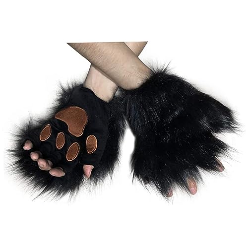 Jorzer Halbfinger Plüsch Handschuhe warmes halbe Finger Plüschhandschuhe für Frauen Mädchen Wolf Paws Handschuhe Cosplay Kostüm Halloween Fancy Party Kostümzubehör Accessoires von Jorzer