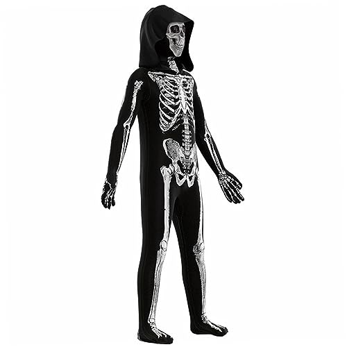 Jorzer Halloween Skeleton Kostüm Kinder Kapuze-Bodysuit Langarmed Skelett Jumpsuit Polyester Softschädel Druck gruseliger Kostüme für 51,2-55,1 in Höhe von Kindern von Jorzer