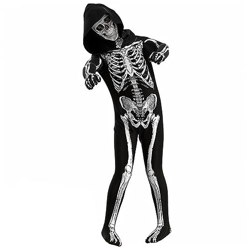 Jorzer Halloween Skeleton Kostüm Kinder Kapuze-Bodysuit Langarmed Skelett Jungenuit Polyester Softschädel Druck gruseliger Kostüme für 43,3-47,2 in Höhe von Kindern von Jorzer