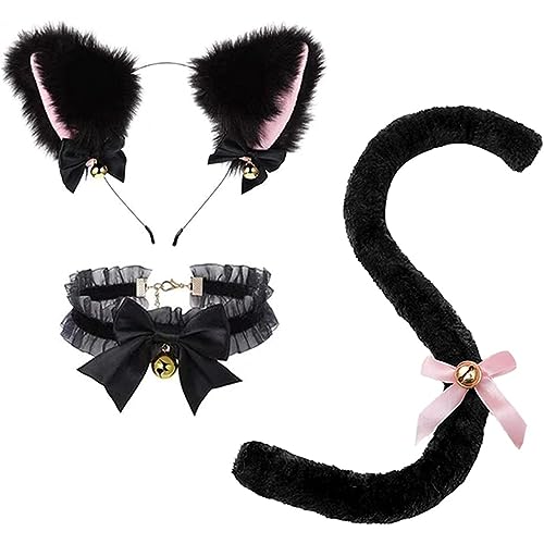 Jorzer Katzen-Cosplay-Kostüm für Mädchen 3-teilig/Set Spitzenschleife verstellbare Kette Halsband mit Glöckchen süßes Plüsch-Stirnband und Schwanz für Halloween-Verkleidung Cat Noir-Kostüm von Jorzer