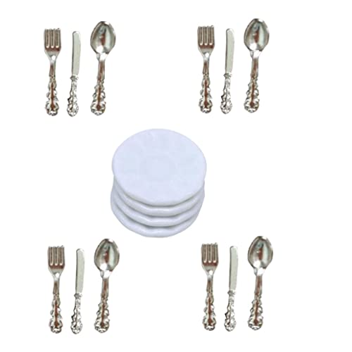 Jorzer Miniaturplatten Set Dollhouse Mini Porzellanplatte mit Slicer Forks Spoons Dollhouse Accessoires Silber Spielzeugspiel von Jorzer