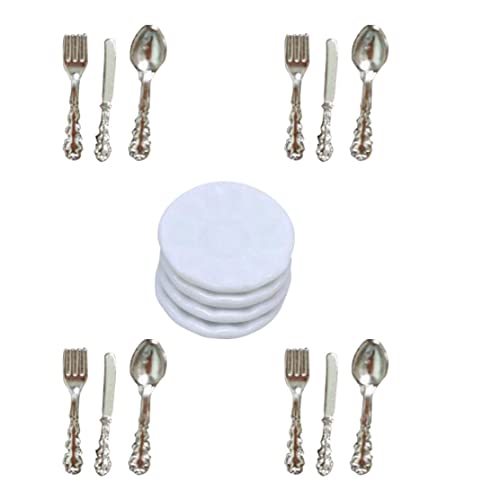 Jorzer Miniaturplatten Set Miniatur Baldlery Dollhouse Mini Porzellanplatte mit Slicer Forks Spoons Dollhouse Accessoires Silber von Jorzer