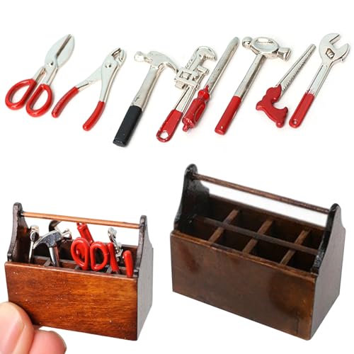 Jorzer Miniaturpuppenhauszubehör für Garage, 9PCS 1/12 Skala -Zubehör mit Holz -Werkzeugkasten und 8 Metall Miniatur -Werkzeugen DIY Dollhouse Toy für Puppenhausliebhaber Jorzer Miniaturpuppenhauszubehör für Garage, 9PCS 1/12 Skala -Zubehör mit Holz -Werkzeugkasten und 8 Metall Miniatur -Werkzeugen DIY Dollhouse Toy für Puppenhausliebhaber von Jorzer