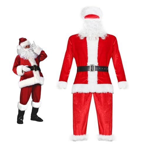 Jorzer Weihnachtskostüm für Herren Herren Weihnachtsmann-Outfit Größe L 5-teilig Weihnachts-Cosplay-Kostüm weißer Bart Mütze Oberteil Hose Gürtel rot von Jorzer