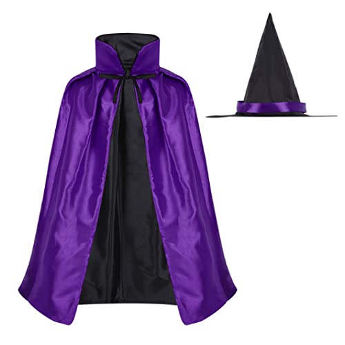 Kids 'Witch Cape mit Hut Halloween Cosplay Hexe Doppelschicht Cape Double Side Vampire Cloak Unisex Weihnachten Halloween Cosplay Capes für Jungen Mädchen (27,5, Schwarz/Lila) von Jorzer