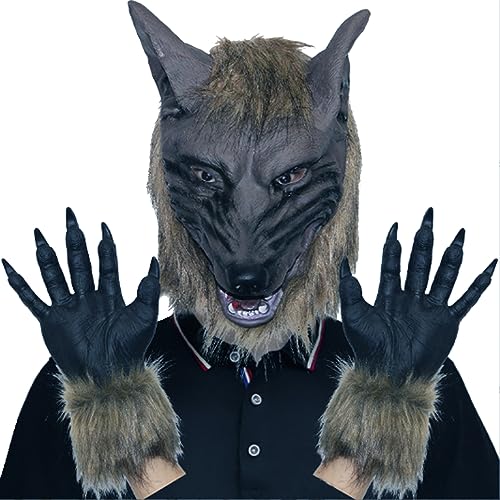 Wolf Head Mask Halloween Scary Full Face Werwolf Maske mit Handschuhen für Halloween und Cosplay -Kostümparty Horror Nights Black 1pc Spielzeugspiel von Jorzer