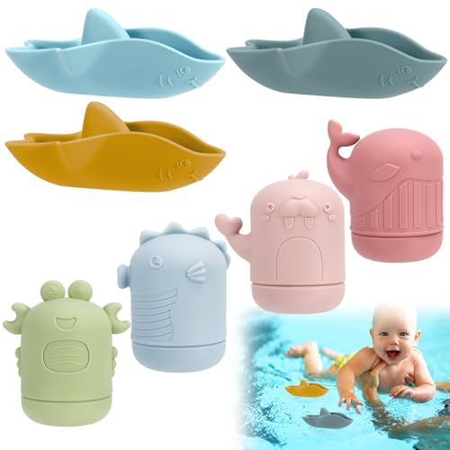 Jostift 7 Stück Badewannenspielzeug Baby,Badespielzeug Baby ab 6 Monate 1 Jahr, Silikon Wasserspielzeug Baby Spielsachen für Badewanne Spielzeug Spritztiere Bath Toys für Baby Kleinkinder von Jostift