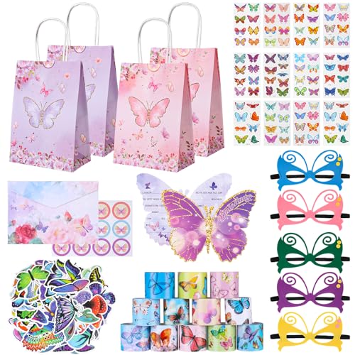 122 Stk Schmetterling Party Mitgebsel Kindergeburtstag Mädchen mit Schmetterling Einladungskarte Mask Geschenktüten Schnapparmband Tattoos Aufkleber, Party Kindergeburtstag Gastgeschenke Mitgebsel Set von Jostift