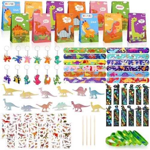 Jostift 96 Pcs Dinosaurier Party Mitgebsel Kindergeburtstag, Dino Geburtstag Deko Dino Deko Kindergeburtstag mit Dino Schlüsselanhänger Schnapparmband Geschenktüte Mini Dinos Figuren von Jostift