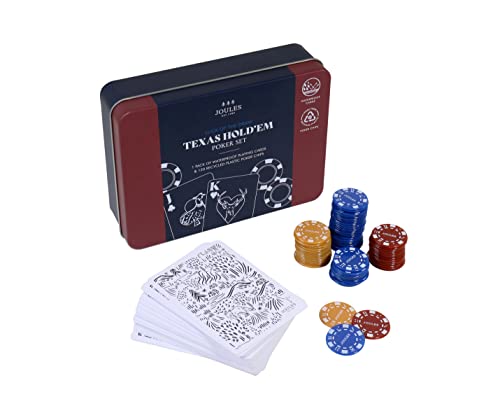 Joules Texas Hold'em Reise-Poker-Set in Andenkendose, enthält 52 wasserdichte Spielkarten und 120 recycelte Kunststoff-Poker-Chips von Joules