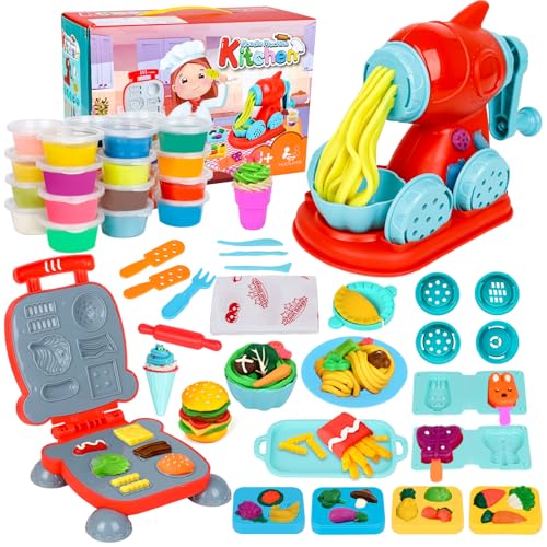 Jovicos Knetwerkzeug, Knete Zubehör Kitchen Creations Spielset mit 24 Dosen, Knete Set Nudelmaschine Burger Party, Kinder Plastilin Werkzeuge Knete Ausstechformen, Geschenk für Jungen Mädchen ab 3 von Jovicos