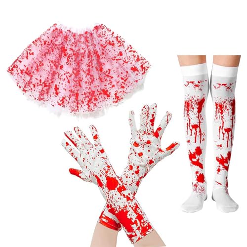 Jovono Damen-Halloween-Kostüm, Tutu-Rock, Zubehör-Set, blutiger Tüllrock für Erwachsene, Handschuhe, fleckige Strümpfe (5-teilig) von Jovono