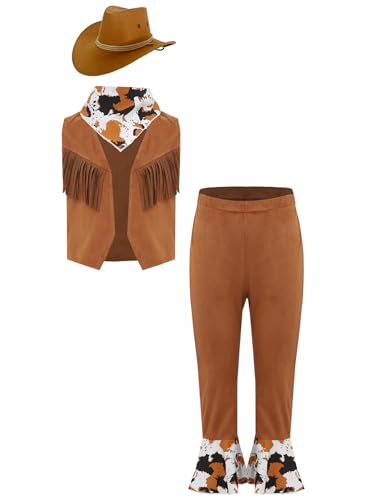 Jowowha 4er Set Kinder Cowboy Kostüm Set Jungen Cowboy Weste + Hose + Cowboyhut + Bandana Cowboy Kleidung Karneval Fasching Mottoparty Braun 116-122 von Jowowha