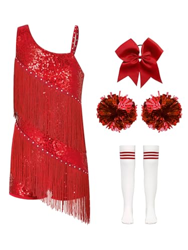 Jowowha 4tlg.Mädchen Cheer Leader Kostüm Cheerleading Uniform Pailletten Fransen Jumpsuit Overall mit Pompoms Socken Haarband Show Tanzkostüm Rot 110-116 von Jowowha