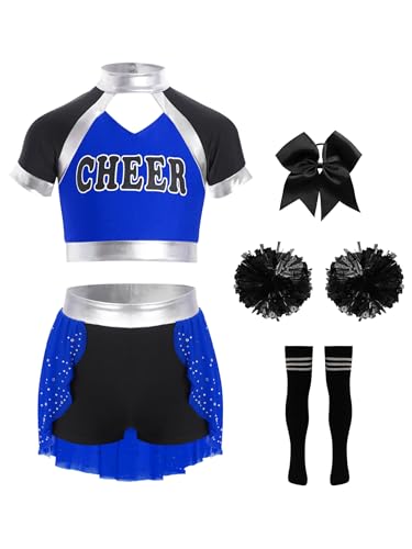 Jowowha 5Pcs Mädchen Cheer Leader Cheerleading Kostüm Cheer Crop Tops mit Hosenrock Pompoms Socken Haarband Karneval Fasching Tanzkostüm Blau Schwarz 170-176 von Jowowha