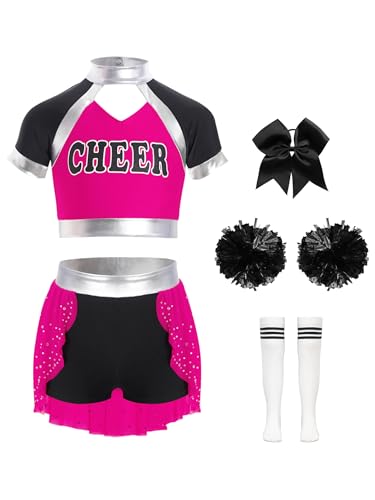 Jowowha 5Pcs Mädchen Cheer Leader Cheerleading Kostüm Cheer Crop Tops mit Hosenrock Pompoms Socken Haarband Karneval Fasching Tanzkostüm Dunkel Rosa 110-116 von Jowowha