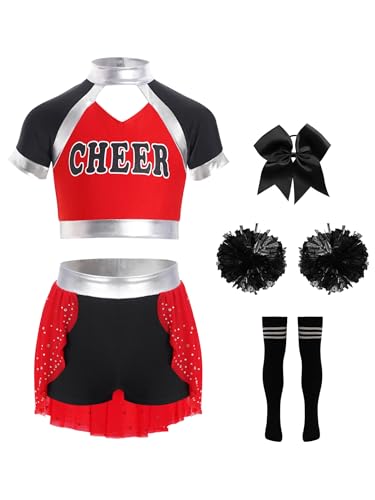 Jowowha 5Pcs Mädchen Cheer Leader Cheerleading Kostüm Cheer Crop Tops mit Hosenrock Pompoms Socken Haarband Karneval Fasching Tanzkostüm Rot Schwarz 158-164 von Jowowha