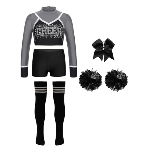 Jowowha 5er Set Mädchen Cheer Leader Kostüm Cheerleading Uniform Langarm Crop Tops mit Hose Pompoms Socken Halloween Karneval Faschingskostüm Grau Schwarz 158-164 von Jowowha