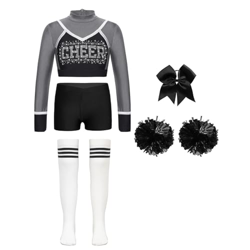 Jowowha 5er Set Mädchen Cheer Leader Kostüm Cheerleading Uniform Langarm Crop Tops mit Hose Pompoms Socken Halloween Karneval Faschingskostüm Grau Weiß 110-116 von Jowowha