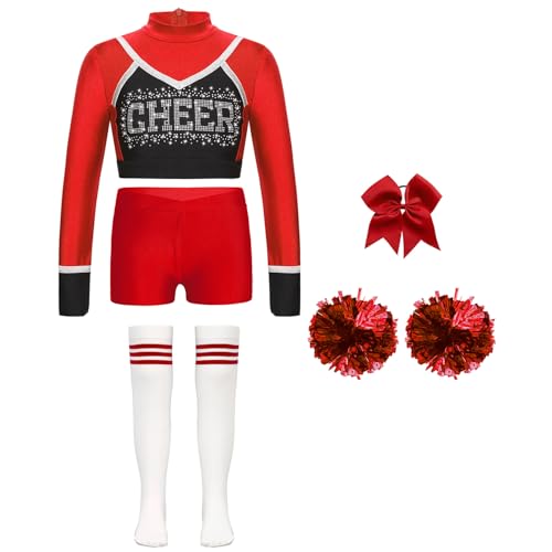 Jowowha 5er Set Mädchen Cheer Leader Kostüm Cheerleading Uniform Langarm Crop Tops mit Hose Pompoms Socken Halloween Karneval Faschingskostüm Rot 146-152 von Jowowha