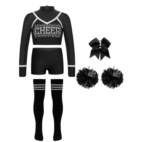 Jowowha 5er Set Mädchen Cheer Leader Kostüm Cheerleading Uniform Langarm Crop Tops mit Hose Pompoms Socken Halloween Karneval Faschingskostüm Schwarz 158-164 von Jowowha