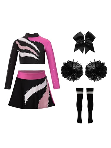 Jowowha 5tlg.Mädchen Cheer Leader Cheerleading Kostüm Langarm Crop Tops mit Rock Pompoms Socken Haarband Halloween Karneval Fasching Tanzkostüm Dunkel Rosa 122-128 von Jowowha