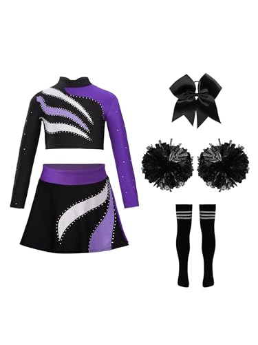 Jowowha 5tlg.Mädchen Cheer Leader Cheerleading Kostüm Langarm Crop Tops mit Rock Pompoms Socken Haarband Halloween Karneval Fasching Tanzkostüm Lila 122-128 von Jowowha