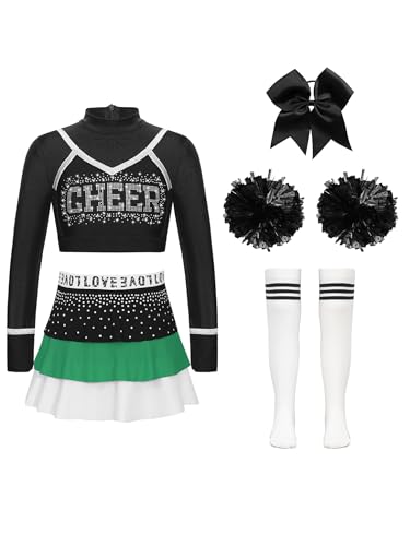 Jowowha 5tlg.Mädchen Cheer Leader Kostüm Cheerleading Uniform Tanzkleid Halloween Karneval Fasching Partykleid Langarm Crop Tops mit Rock Pompoms Haarband Grün&Weiß 170-176 von Jowowha