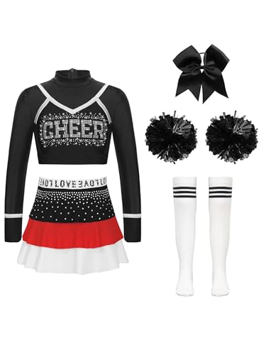 Jowowha 5tlg.Mädchen Cheer Leader Kostüm Cheerleading Uniform Tanzkleid Halloween Karneval Fasching Partykleid Langarm Crop Tops mit Rock Pompoms Haarband Rot&Weiß 110-116 von Jowowha