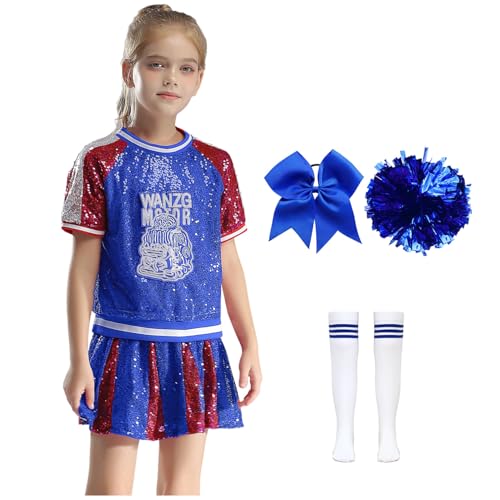 Jowowha 6er Set Mädchen Cheer Leader Kostüm Cheerleading Uniform Pailletten Kurzarm T-Shirt mit Minirock Shorts Pompoms Socken Jazz Hip Hop Tanzkostüm Blau 110-116 von Jowowha