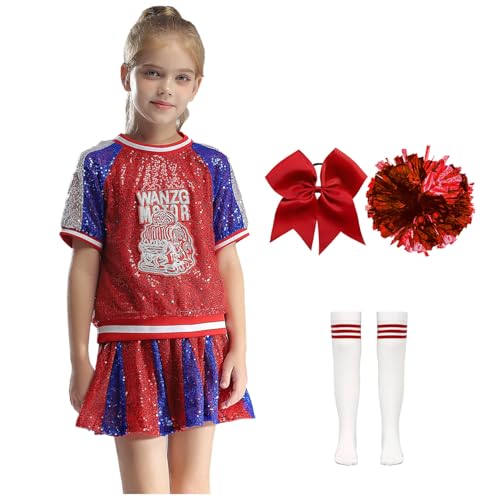 Jowowha 6er Set Mädchen Cheer Leader Kostüm Cheerleading Uniform Pailletten Kurzarm T-Shirt mit Minirock Shorts Pompoms Socken Jazz Hip Hop Tanzkostüm Rot 110-116 von Jowowha