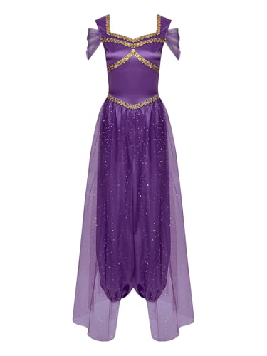 Jowowha Arabische Prinzessin Kostüm Damen Orientalische Prinzessin Kostüm Glänzend Pailletten Body Overall Jumpsuit Bauchtanz Indische Verkleidung Dunkel Lila M von Jowowha