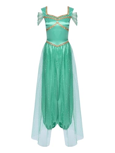 Jowowha Arabische Prinzessin Kostüm Damen Orientalische Prinzessin Kostüm Glänzend Pailletten Body Overall Jumpsuit Bauchtanz Indische Verkleidung Türkis M von Jowowha